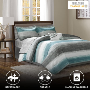 Madison Park Essentials Cozy Bed in a Bag Comforter, Vibrant Color Design All Season Down Alternative Cover with Complete Sheet Set, Queen(90"x90"), Strip Aqua